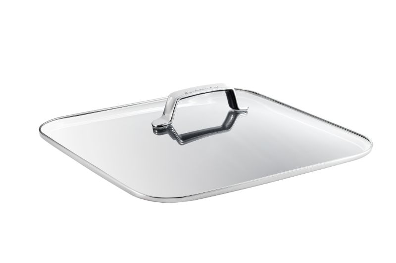 Scanpan Techniq 32cm glass lid with stainless steel rim and cast steel handle, oven safe to 230°C, ideal for roasting and simmering.