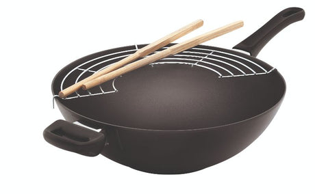 Scanpan 36cm wok with rack and chopsticks, featuring a PFOA-free non-stick surface and 100% recycled aluminum construction.