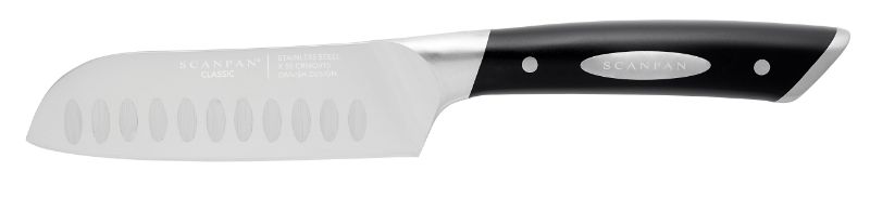 Santoku knife with Granton edge, 18cm, German stainless steel, ergonomic handle, ideal for precise slicing and dicing.