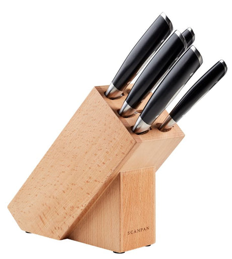 Elegant SCANPAN 6 Piece Knife Block Set featuring premium German stainless steel knives in a modern timber block.