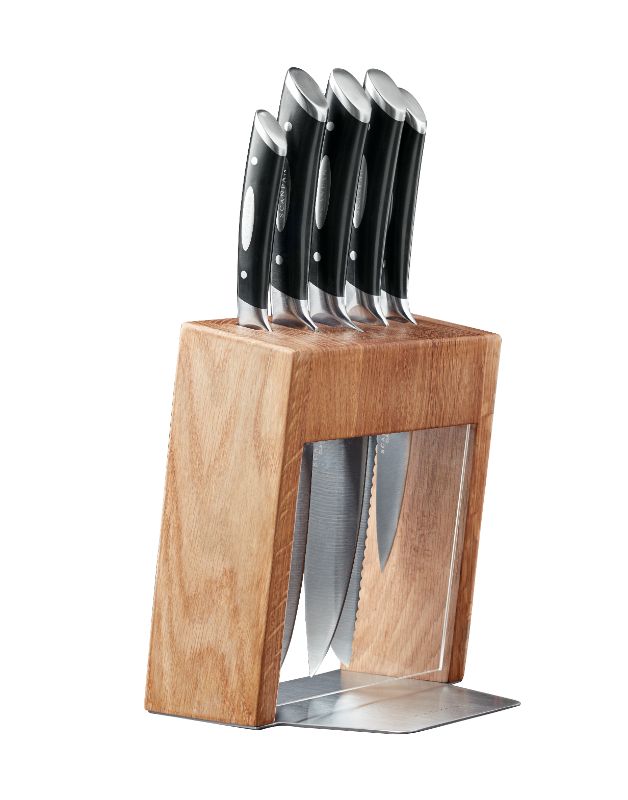 Elegant 6-piece SCANPAN Classic Kalo Knife Block Set with high-quality oak, featuring superior German steel knives for optimal performance.