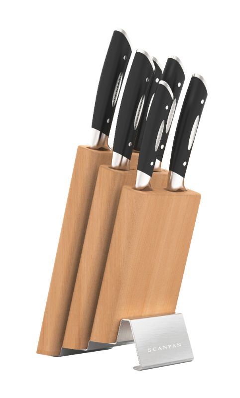 SCANPAN Classic 7 Piece Knife Block Set featuring durable German stainless steel knives in an elegant beechwood block.