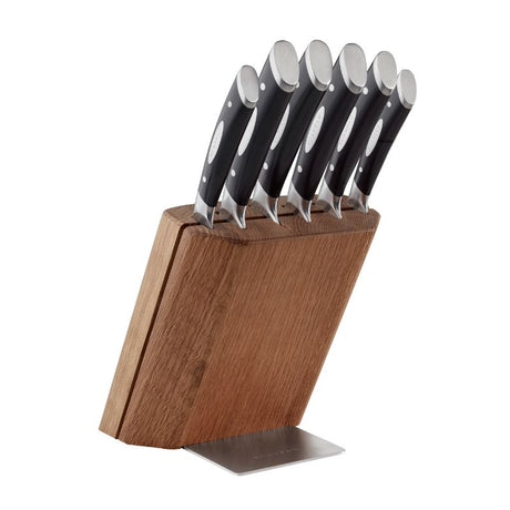 SCANPAN Classic 7 Piece Knife Block Set featuring German stainless steel knives in a modern oak block with stainless steel foot.