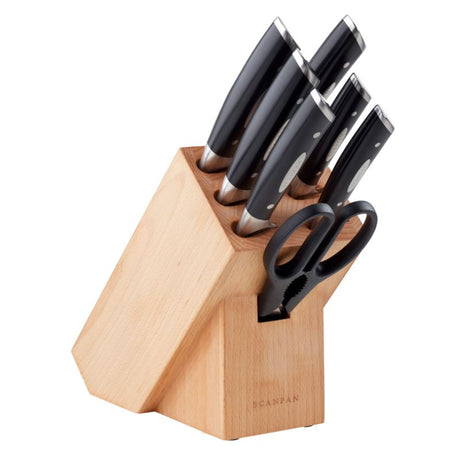 Elegant 8-piece knife block set with German stainless steel knives, perfect for all cooking tasks and ergonomic comfort.