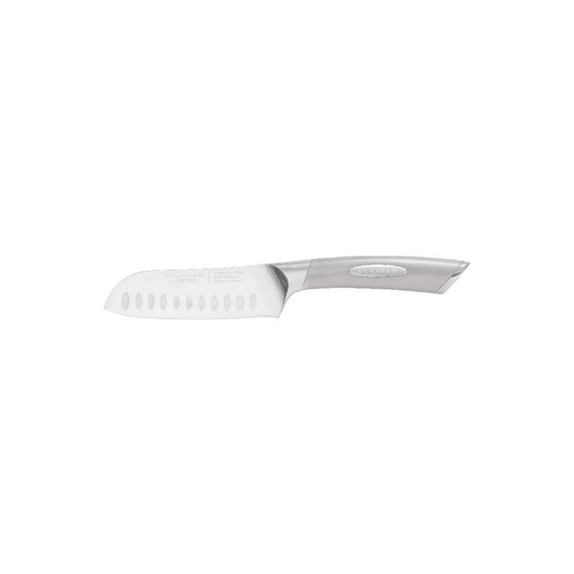 Santoku knife with scalloped edge, ergonomic handle, and Danish design for precise slicing, dicing, and chopping.