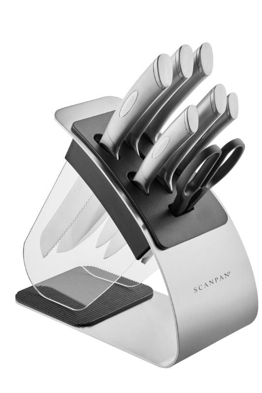 Elegant 8-piece SCANPAN Classic Steel Eclipse Knife Block Set with premium German stainless steel knives for precision cutting.