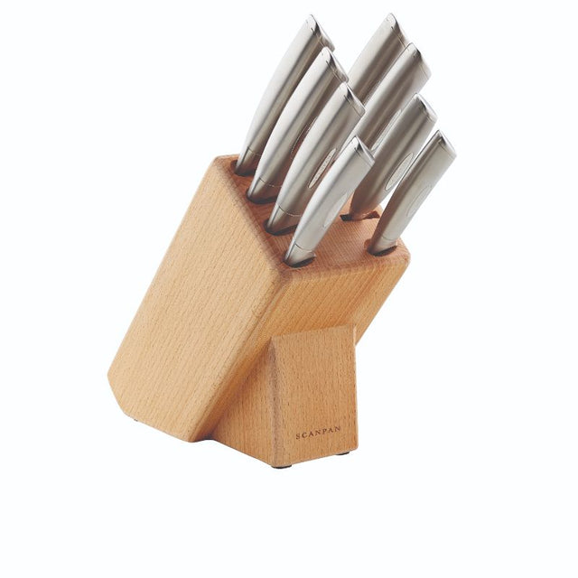 SCANPAN Classic Steel 9 Piece Knife Block Set featuring premium German stainless steel knives in an elegant beechwood block.