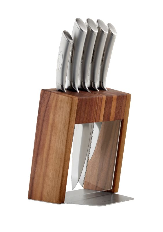 Kalo Walnut Knife Block Set featuring 6 premium SCANPAN knives in a stylish walnut block for efficient kitchen use.