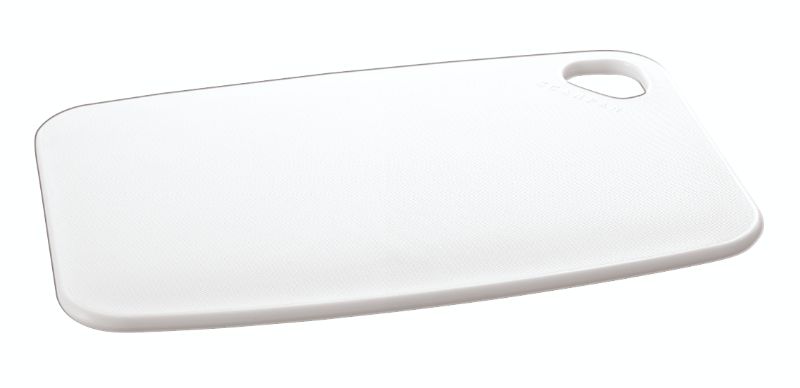 Scanpan white cutting board, 345 x 230 x 8mm, durable, knife-friendly, non-porous, easy to clean, with hanging hole.