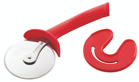 Scanpan Red Pizza Cutter with stainless steel wheel, ergonomic handle, hand guard, and protective cover for safe slicing.