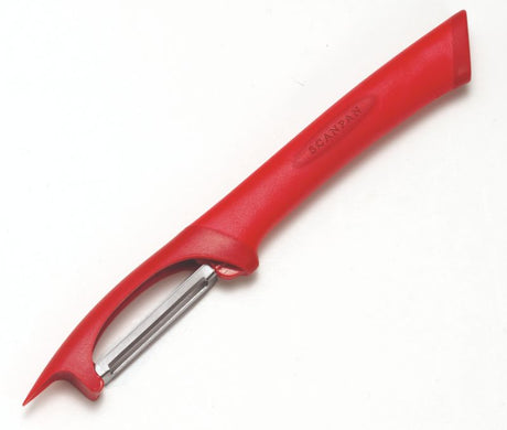 Scanpan Red Straight Peeler - ergonomic, durable kitchen tool for effortless peeling of fruits and vegetables in vibrant red.