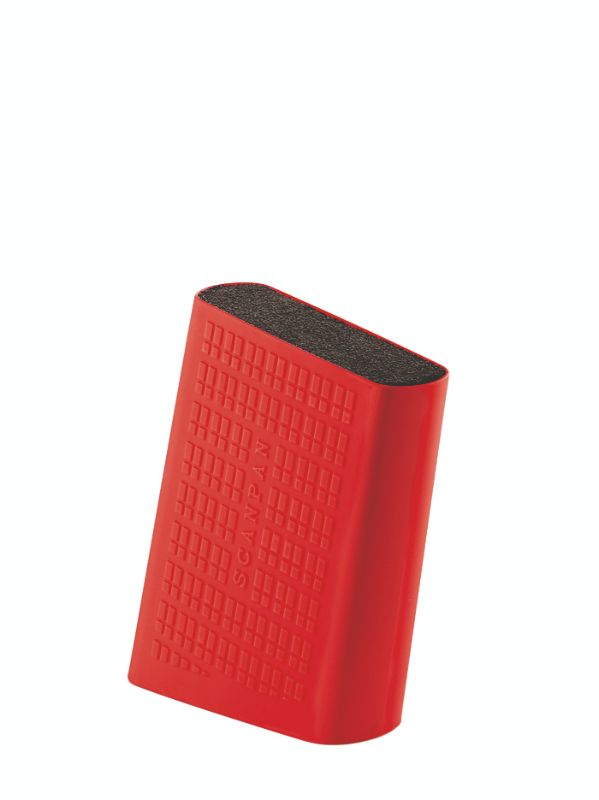 Vibrant red Scanpan Spectrum Knife Block, featuring Danish design, accommodates various chef knives, and includes an easy-clean insert.