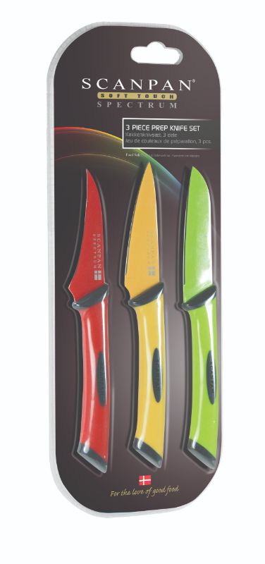 Scanpan Spectrum 3 Piece Knife Set featuring sharp carbon stainless steel blades, non-stick coating, and comfortable soft-touch handles.