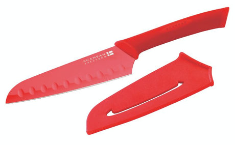 Red Santoku knife, 5.5"/14cm, high carbon stainless steel, non-stick coating, ergonomic handle, ideal for versatile kitchen tasks.