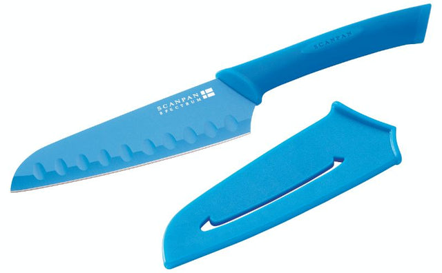 Scanpan Blue Santoku Knife, 5.5", with ergonomic handle and non-stick high carbon stainless steel blade for precise cutting.