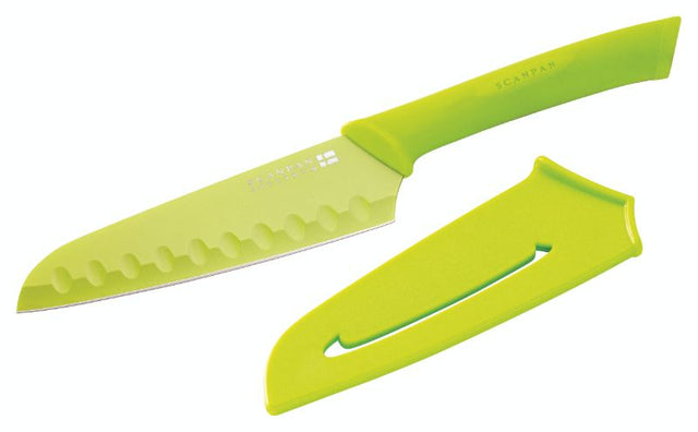 Scanpan Green Santoku Knife 5.5", high carbon stainless steel blade with non-stick coating and easy thumb release sheath.