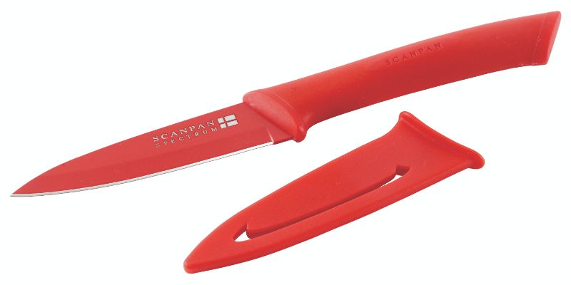 Scanpan Red Utility Knife, 4 inches, with a sharp carbon stainless steel blade and ergonomic non-stick handle for versatile cutting.