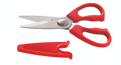 Scanpan Red Kitchen Shears with ergonomic handles, stainless steel blades, and multifunctional features like a bone cutter and nut cracker.