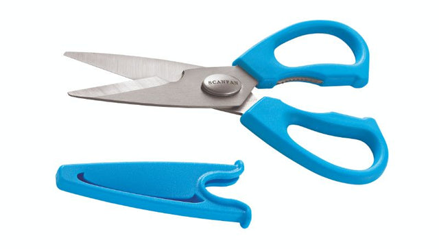 Scanpan Blue Kitchen Shear featuring stainless steel blades, ergonomic handles, and multi-functional tools in a stylish blue design.