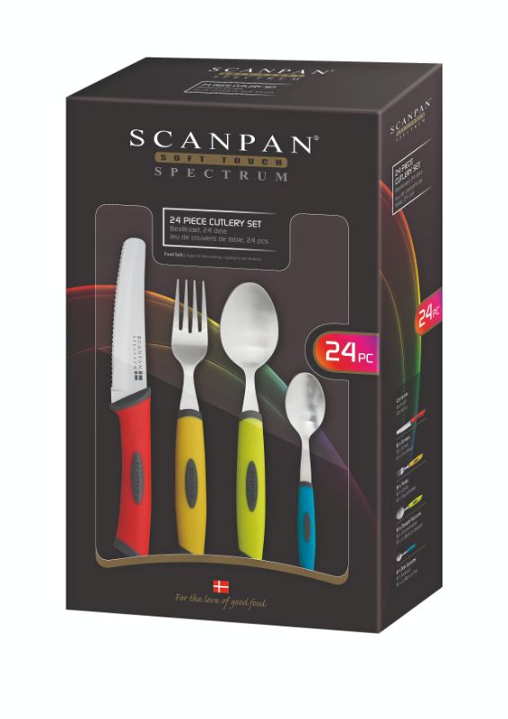 Vibrant 24-piece Scanpan Spectrum cutlery set with ergonomic handles, perfect for stylish dining and easy cleaning.