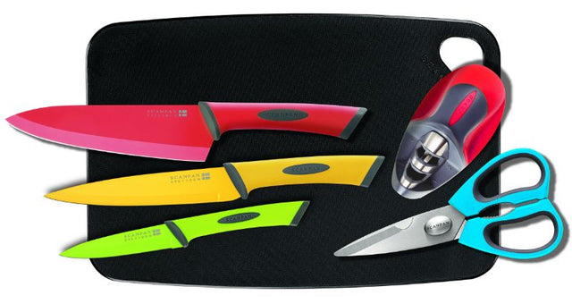 Vibrant 6-piece kitchen knife set with high-quality blades, soft touch handles, and essential accessories for culinary tasks.