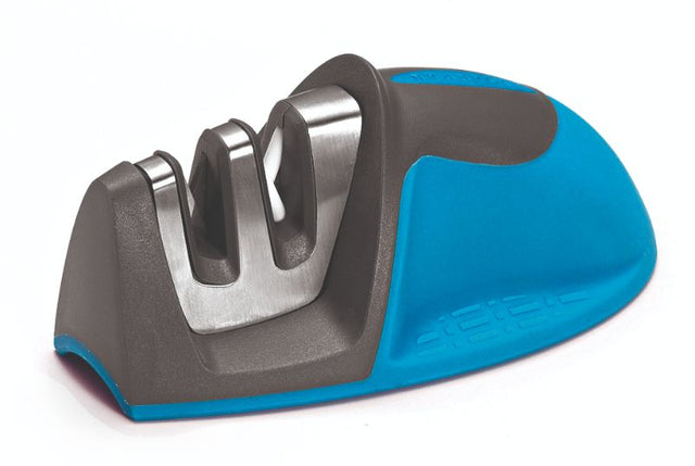 Blue Mouse Knife Sharpener by Scanpan featuring tungsten and ceramic stones, safety guard, and soft touch grip for easy use.