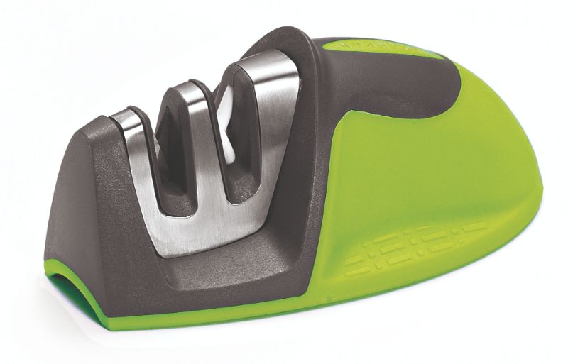 Scanpan Green Mouse Knife Sharpener featuring tungsten and ceramic stones, safety guard, and ergonomic soft touch design.