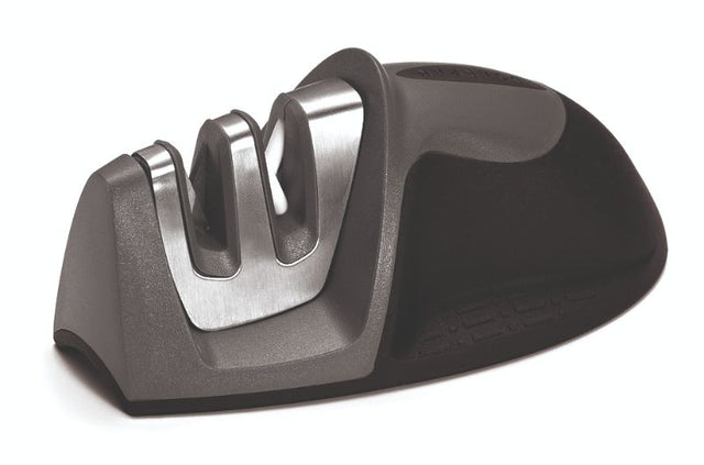 Scanpan Black Mouse Knife Sharpener with tungsten and ceramic stones, blade safety guard, and soft touch grip for safe use.