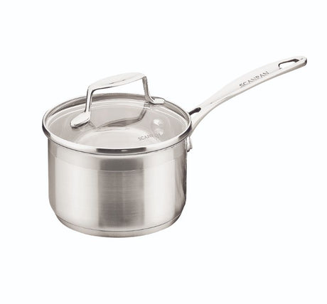 Scanpan 16cm saucepan with a glass lid, 18/10 stainless steel, and a stylish two-tone finish for even cooking.