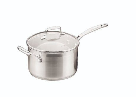 20cm Scanpan saucepan with tempered glass lid, ideal for heat retention, drip-free pouring, and versatile cooking on all cooktops.