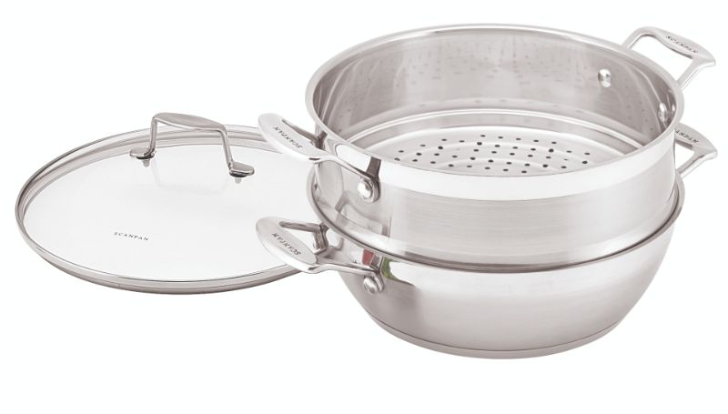 28cm Scanpan Impact Multi Purpose Pan in stainless steel, perfect for stewing and casseroling with a sleek design and tempered glass lid.