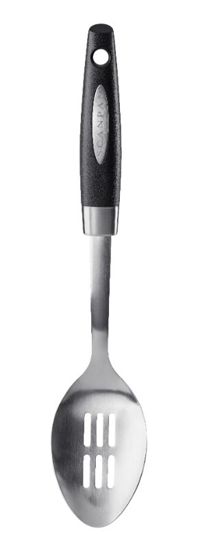 Scanpan Classic 32cm slotted spoon in stainless steel with ergonomic handle, perfect for stirring, serving, and draining.