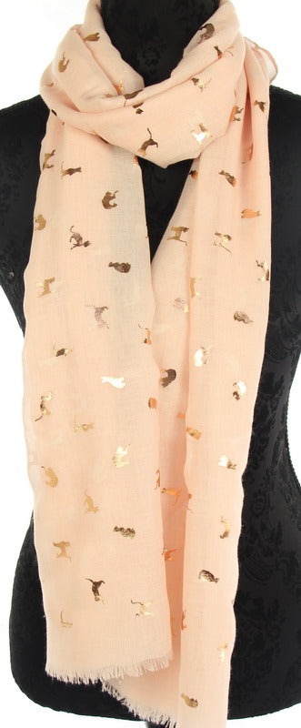 Pink scarf featuring a rose gold foil cat design, perfect for stylish cat lovers. Light and elegant accessory for any outfit.