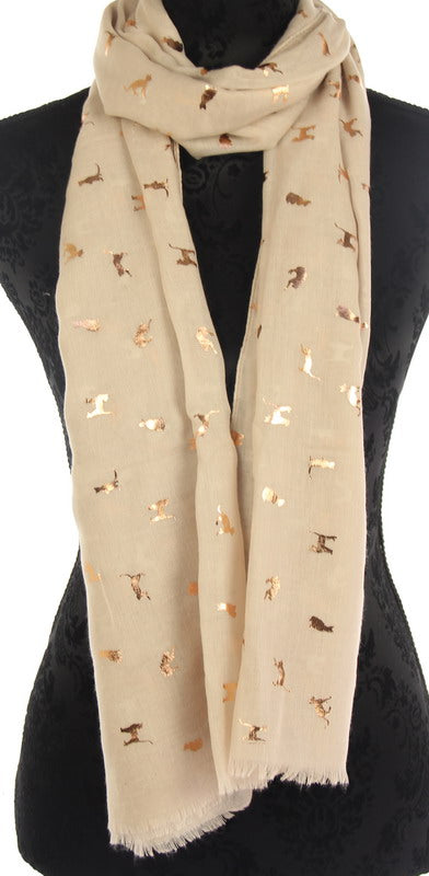 Elegant taupe scarf featuring playful cat motifs and rose gold foil, perfect for any occasion and versatile styling.