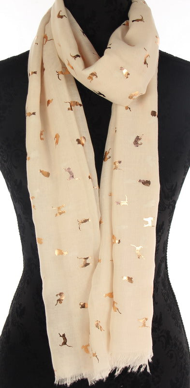 White scarf with rose gold foil cat silhouettes, soft and lightweight, perfect for stylish layering and versatile wear.