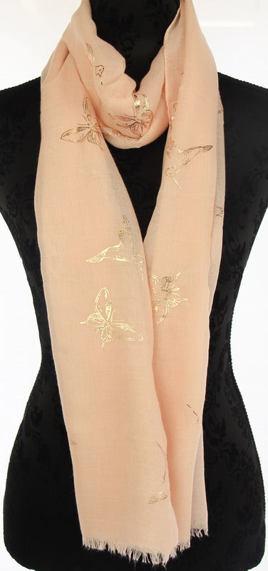 Pink Hummingbird Rose Gold Foil Scarf measuring 70x180cm, featuring elegant design and versatile styling options.