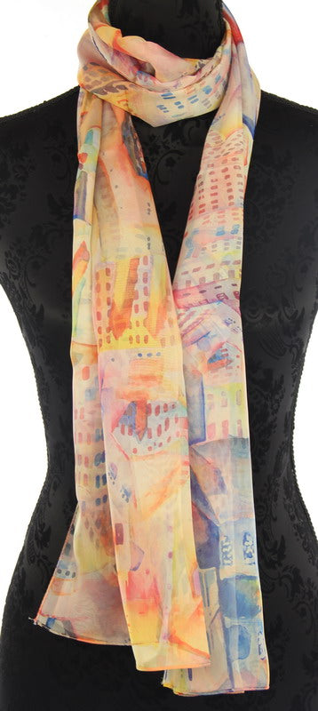 Artistic buildings scarf, 45x180 cm, 100% polyester, a stylish accessory showcasing iconic architecture for art lovers.