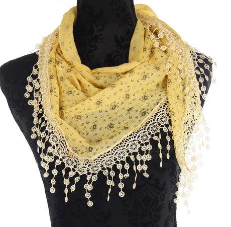 Small Floral Triangle Scarf in Lemon with lace trim, perfect for stylish outfits and versatile wear.