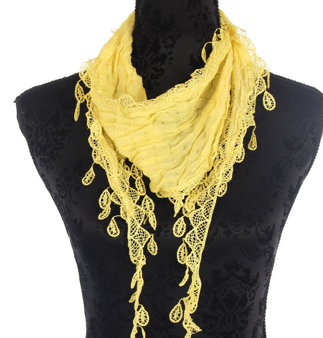 Solid yellow triangle scarf with lace trim; lightweight cotton, versatile for all seasons, perfect for stylish draping and tying.