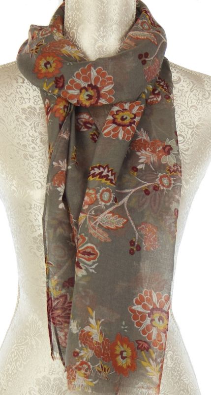 Two luxurious rust on taupe floral scarves made of 100% viscose, perfect for stylish layering and versatile wear.