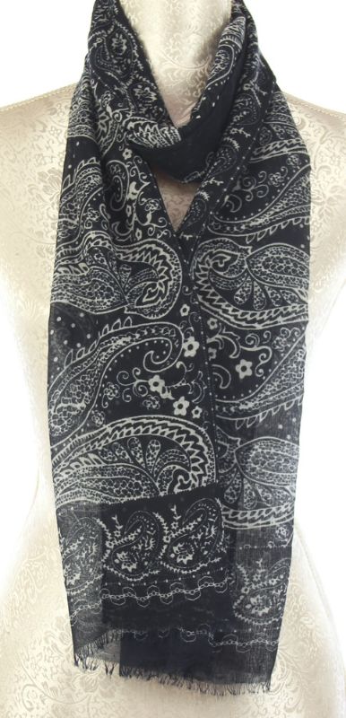 Navy and white paisley scarf set of 2, 100% viscose, 43 x 180cm, stylish and versatile for any outfit.