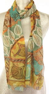 Set of 2 stylish patchwork mustard scarves, 100% polyester, perfect for layering and versatile styling.