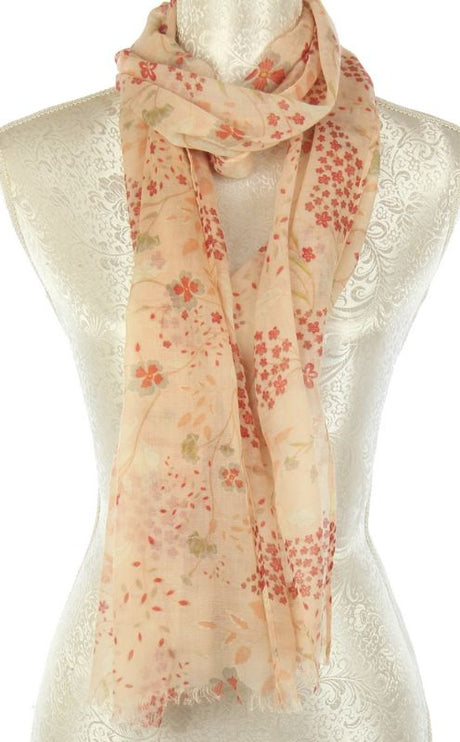 Set of 2 grey on peach floral scarves, soft viscose, 43 x 180cm, perfect for versatile styling and elegant layering.