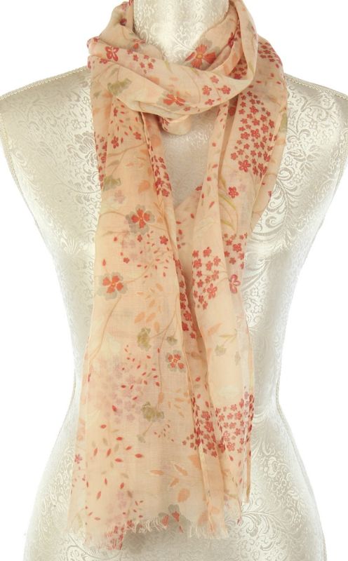 Set of 2 grey on peach floral scarves, soft viscose, 43 x 180cm, perfect for versatile styling and elegant layering.