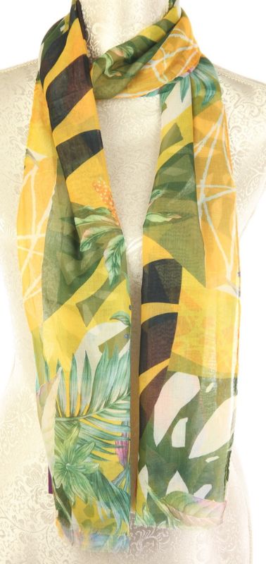 Set of 2 vibrant yellow patchwork scarves, stylish and versatile, made of soft 100% polyester for any outfit.