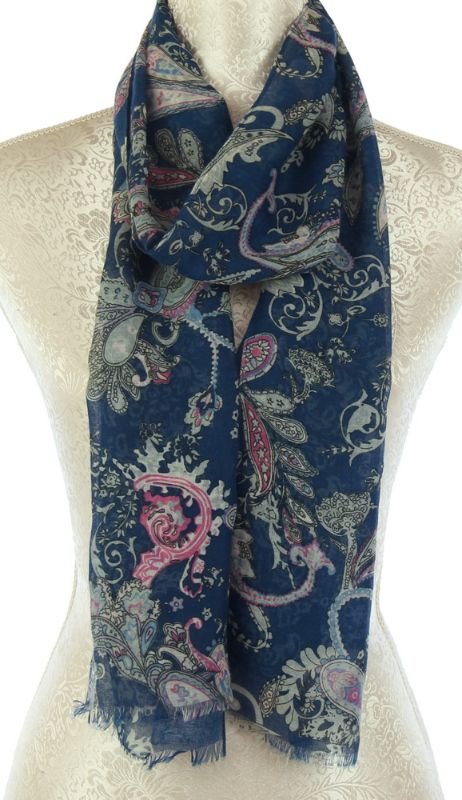 Set of 2 soft grey and cobalt scarves with elegant curls design, perfect for winter styling and warmth.