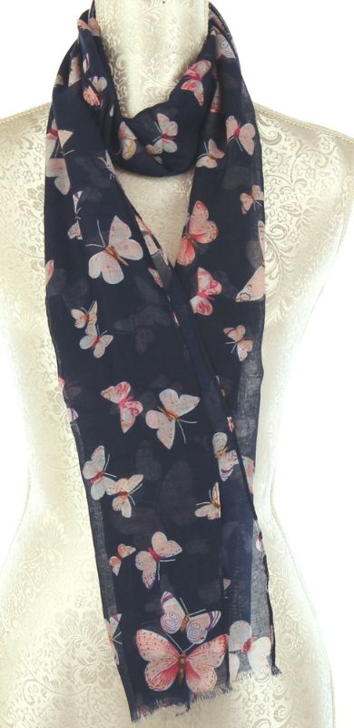 Elegant set of 2 navy scarves with butterfly pattern, crafted from soft viscose, perfect for any occasion.