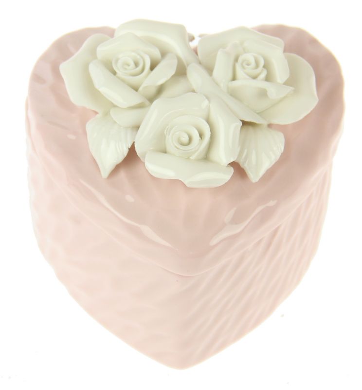 Elegant pink ceramic trinket boxes with rose design on heart base, perfect for keepsakes and home decor (set of 2).