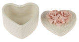 Elegant white ceramic trinket boxes with embossed rose-on-heart lids, perfect for jewelry and keepsakes, sold as a set of two.