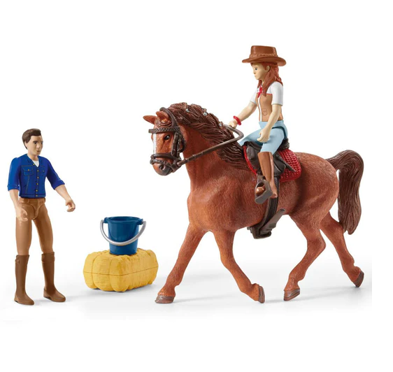 Schleich horse playset featuring a groom, Friesian mare, SUV, removable trailer, and grooming tools for imaginative adventures.